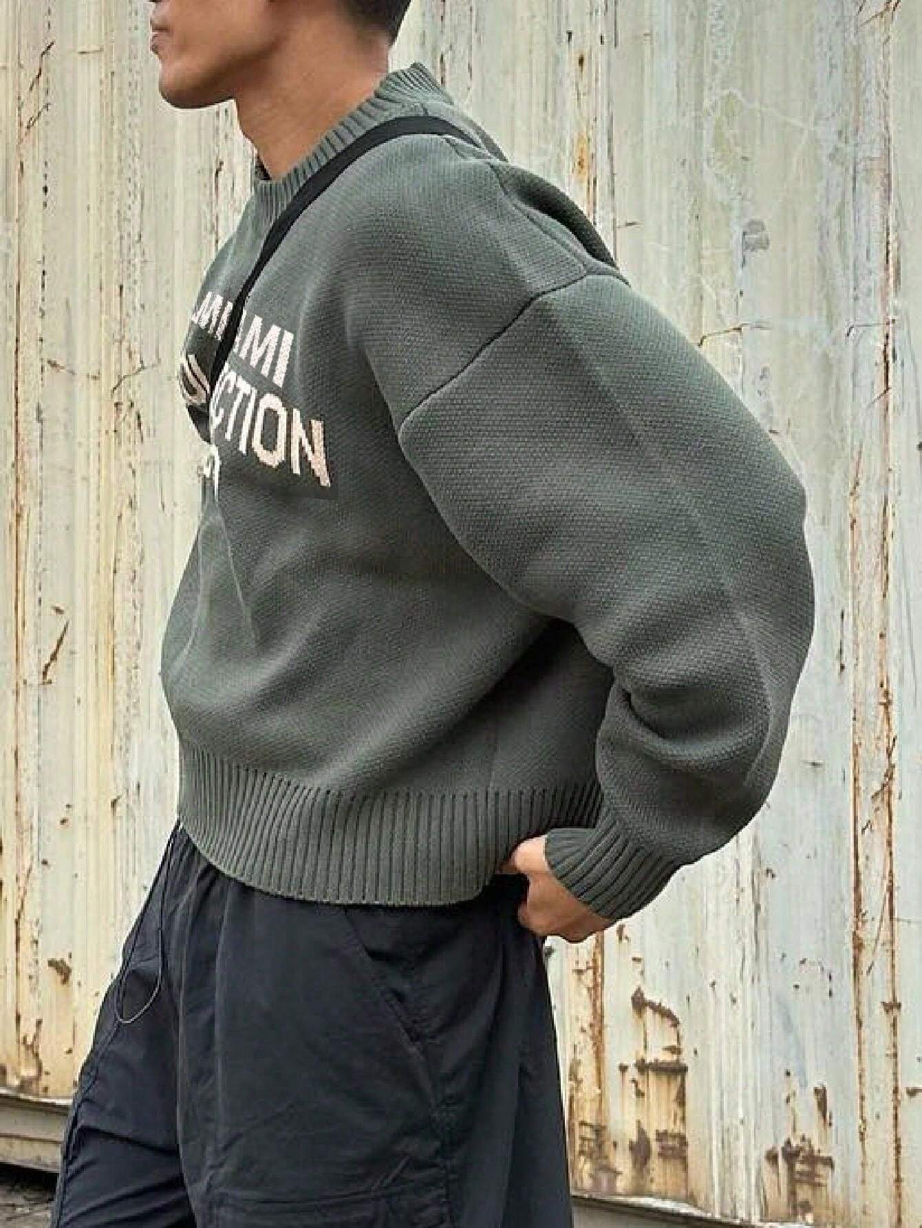 Nieuwe heren Amerikaanse Street Style Engelse grafische gebreide trui, ronde hals casual losse pasvorm pullover top, lente/herfst/winter