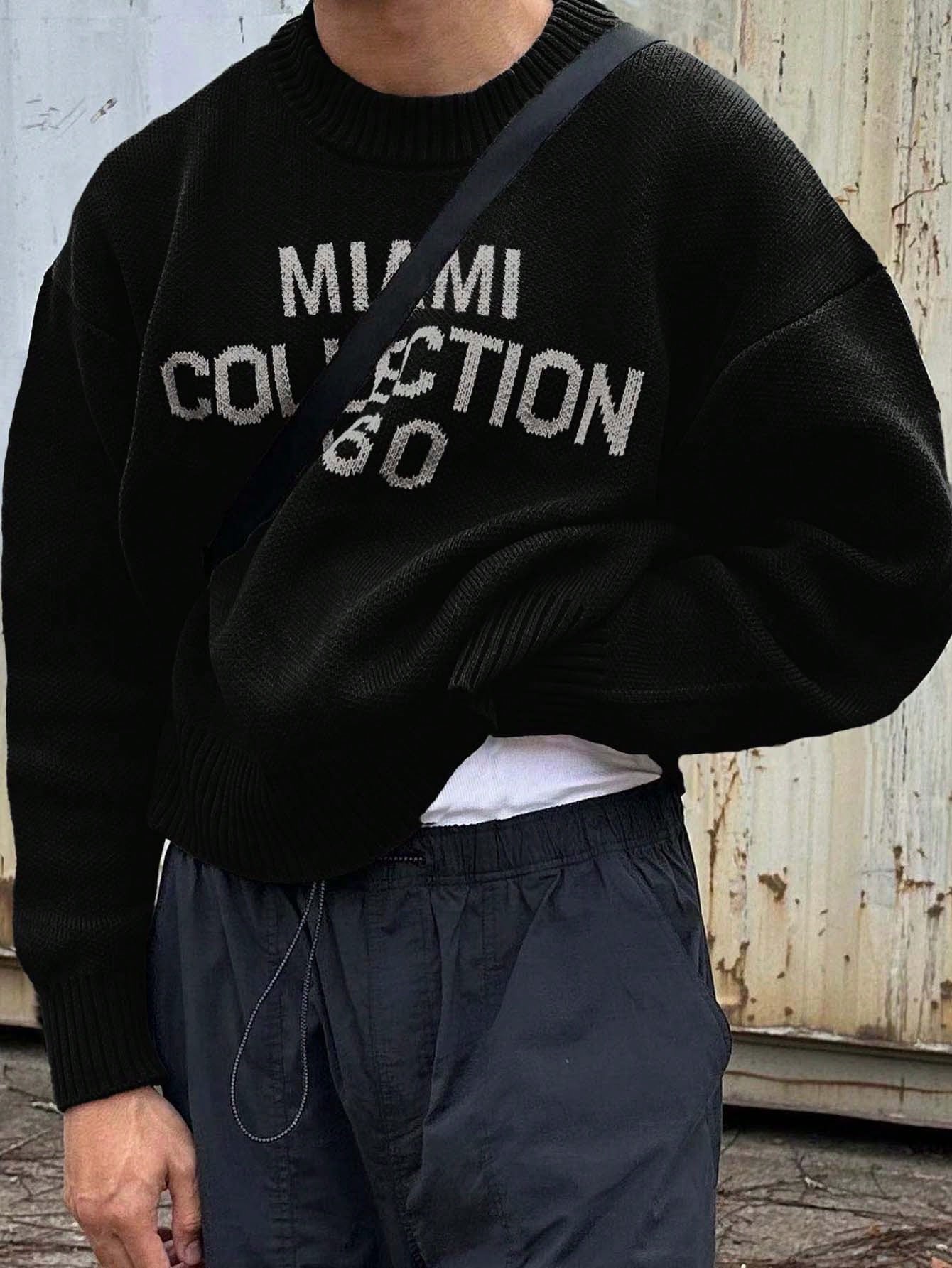 Nieuwe heren Amerikaanse Street Style Engelse grafische gebreide trui, ronde hals casual losse pasvorm pullover top, lente/herfst/winter