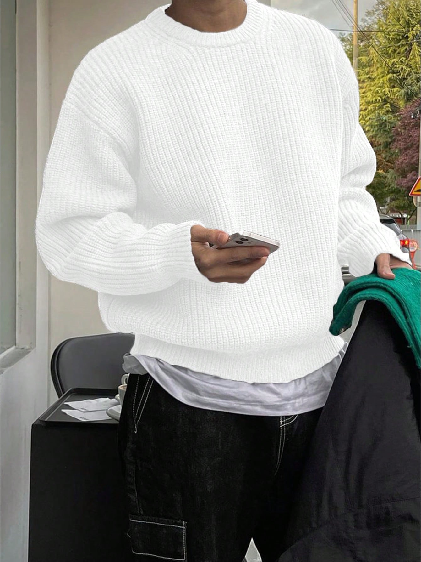 Unisex Loose Fit Beaded Pattern Casual College Style Pullover Sweater met ronde hals, lange mouwen en verlaagde schouders, minimalistisch ontwerp, warm voor herfst/winter
