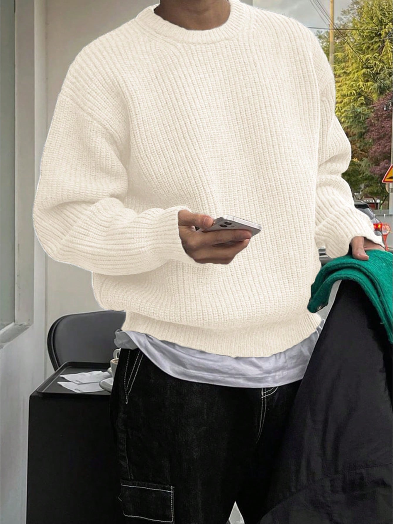 Unisex Loose Fit Beaded Pattern Casual College Style Pullover Sweater met ronde hals, lange mouwen en verlaagde schouders, minimalistisch ontwerp, warm voor herfst/winter