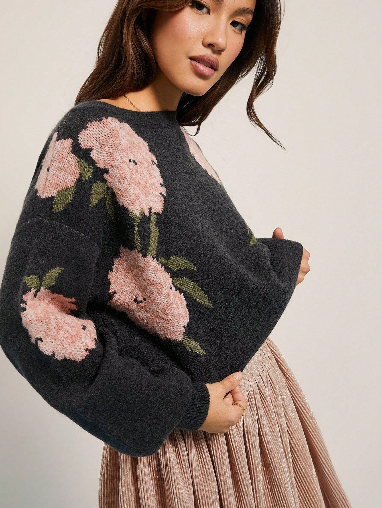 WESTFADE Valentijnsdag Lente Bloemen Jacquard Boothals Lange Mouw Gebreide Trui