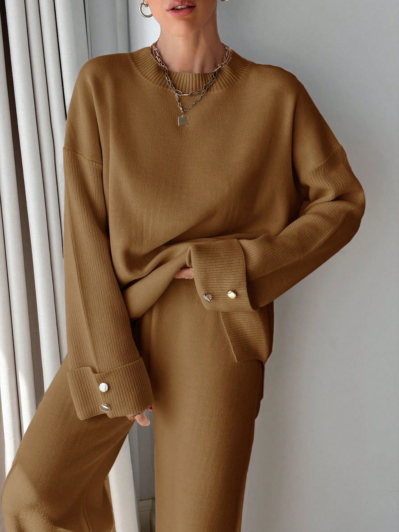 Dames Knoop Gedetailleerde Trui En Broek Set