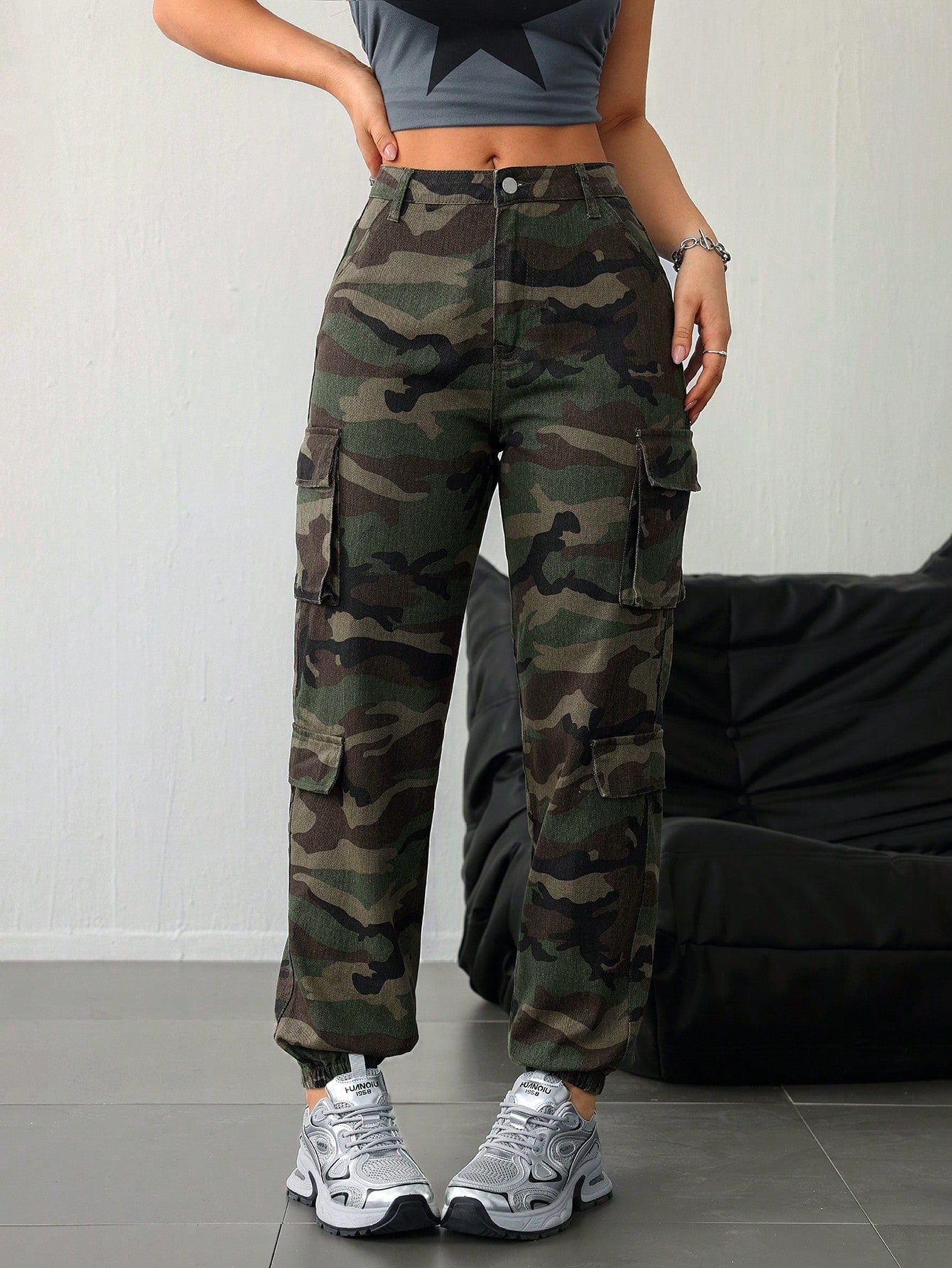 SHEIN Tall Dames katoenen casual getailleerde camouflage cargobroek met trekkoord