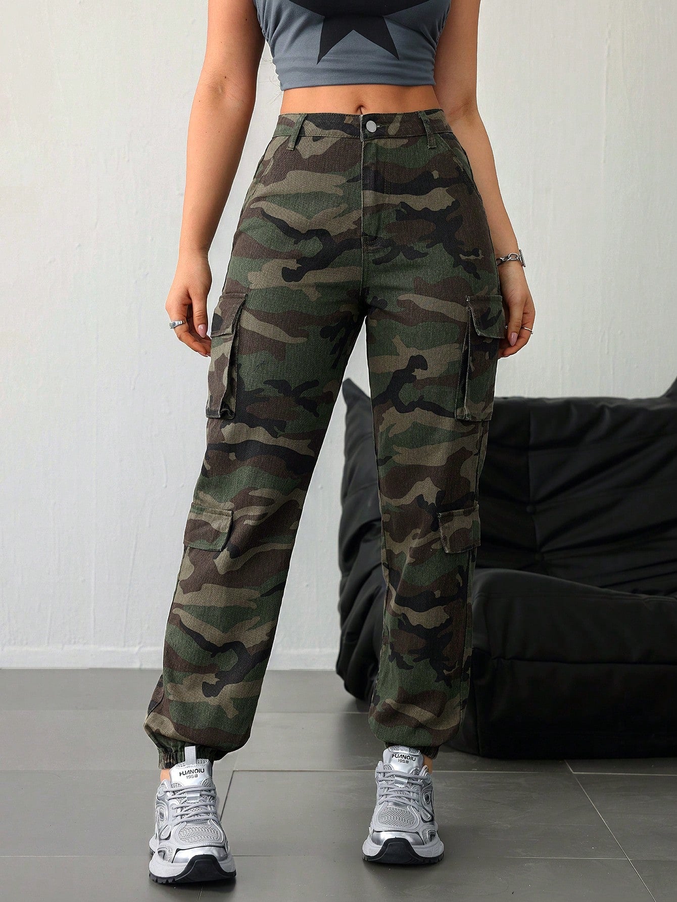 SHEIN Tall Dames katoenen casual getailleerde camouflage cargobroek met trekkoord
