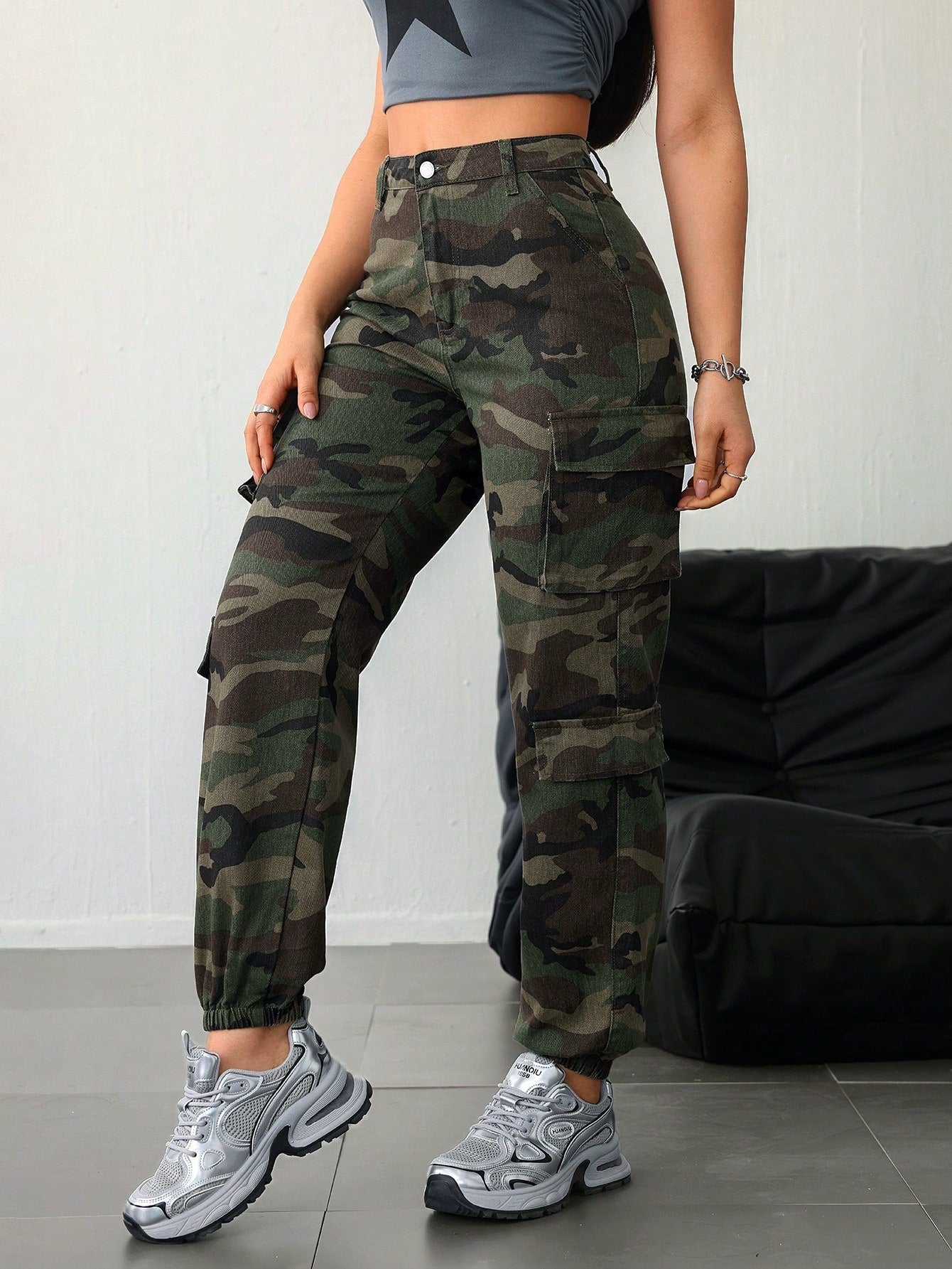 SHEIN Tall Dames katoenen casual getailleerde camouflage cargobroek met trekkoord