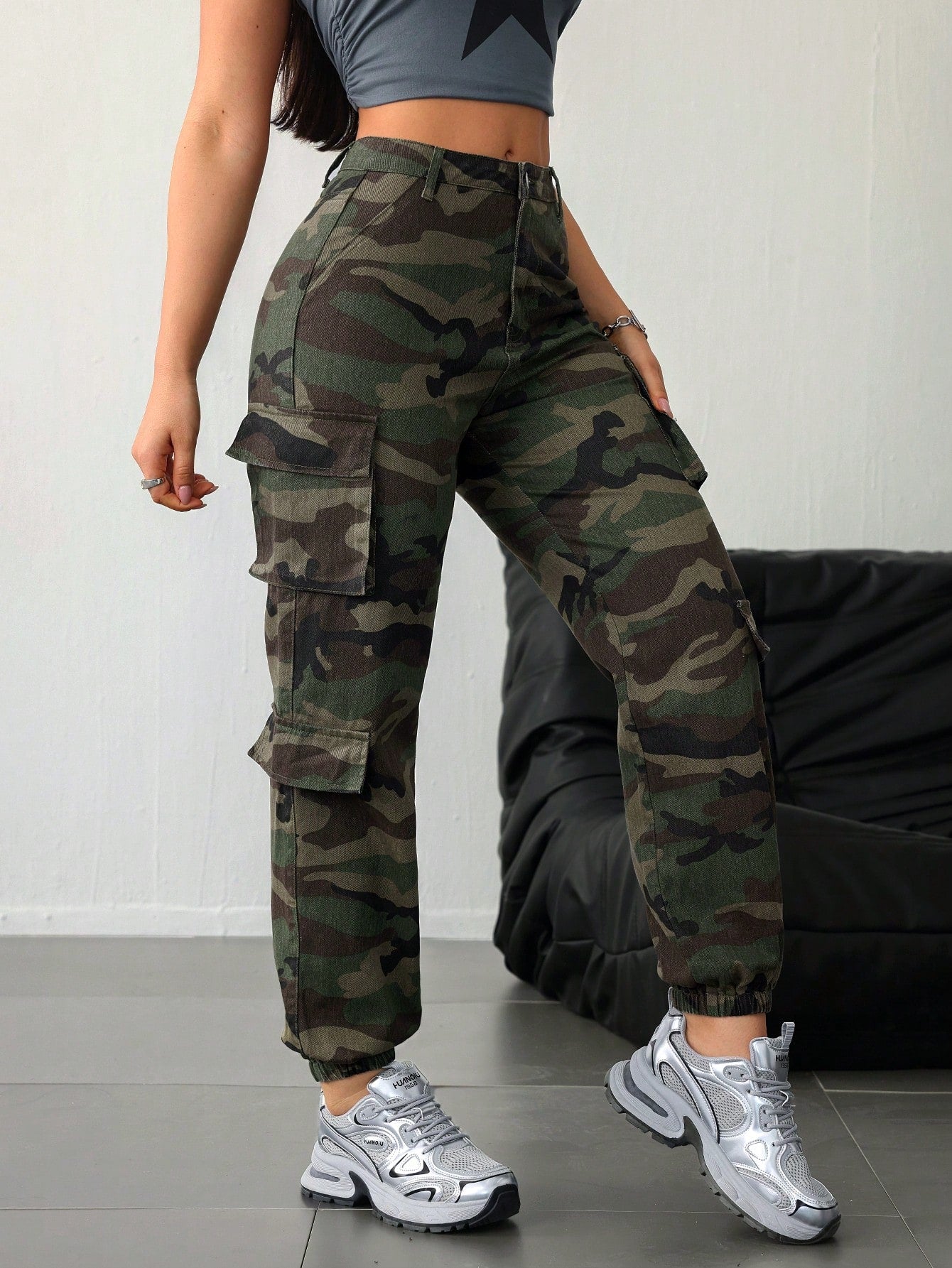 SHEIN Tall Dames katoenen casual getailleerde camouflage cargobroek met trekkoord