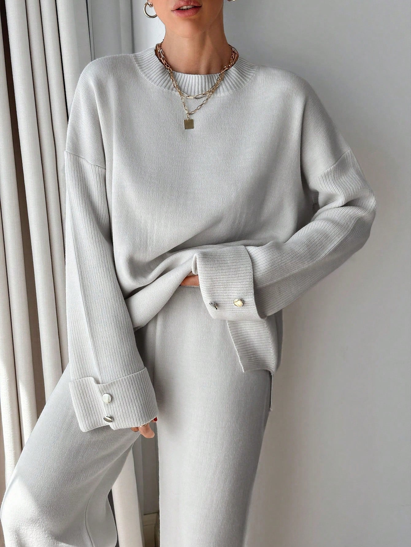Dames Knoop Gedetailleerde Trui En Broek Set