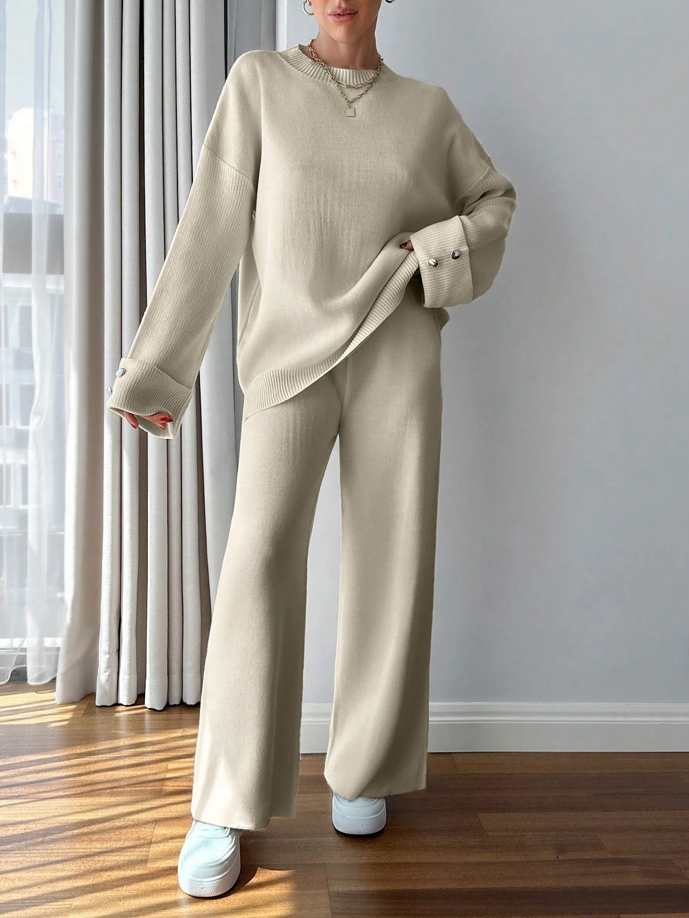 Dames Knoop Gedetailleerde Trui En Broek Set