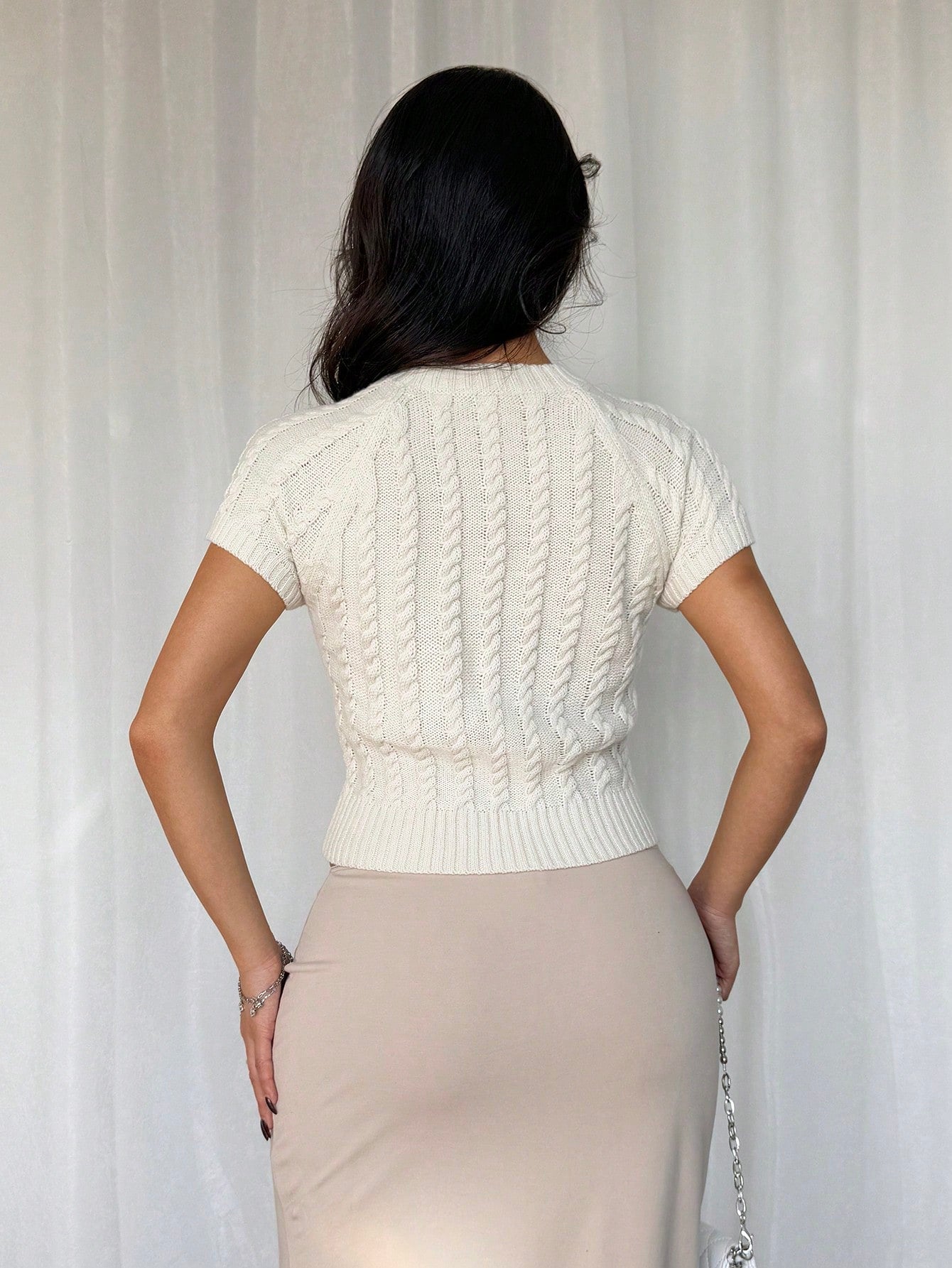 SHEIN Franclia Casual losse ronde hals korte mouwen ruitpatroon gebreide trui top voor dames, havermout kleur, lente & herfst