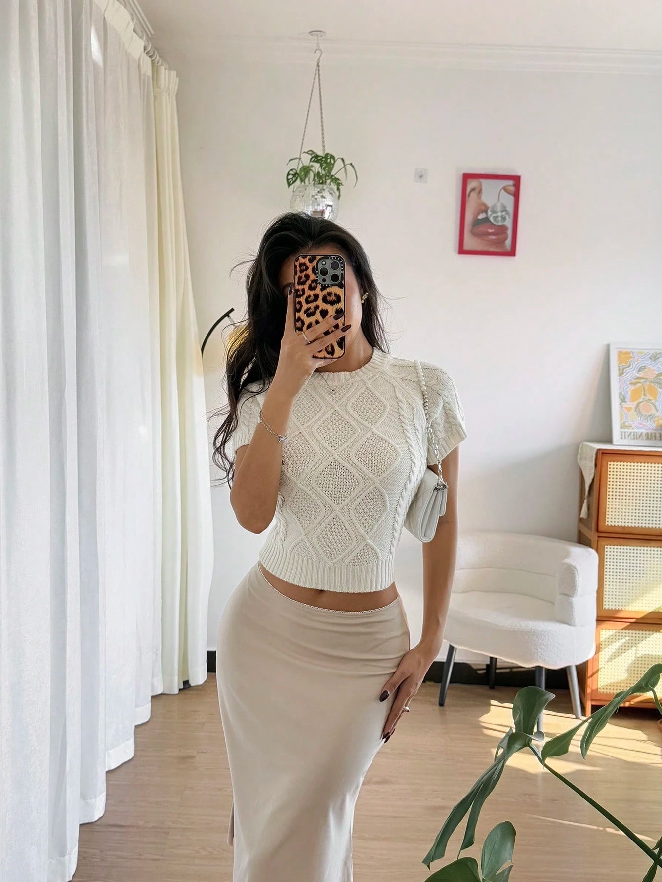 SHEIN Franclia Casual losse ronde hals korte mouwen ruitpatroon gebreide trui top voor dames, havermout kleur, lente & herfst