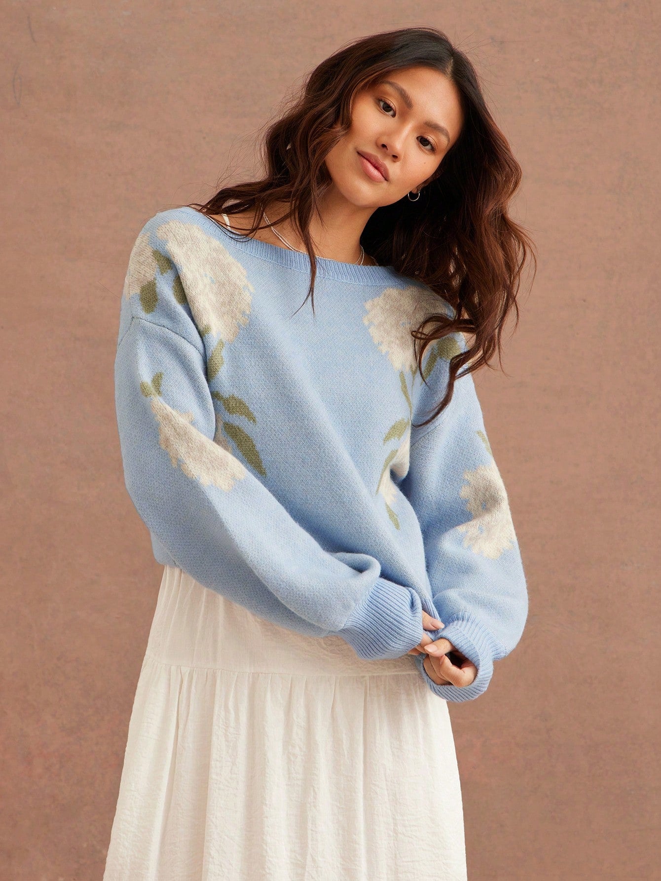 WESTFADE Valentijnsdag Lente Bloemen Jacquard Boothals Lange Mouw Gebreide Trui
