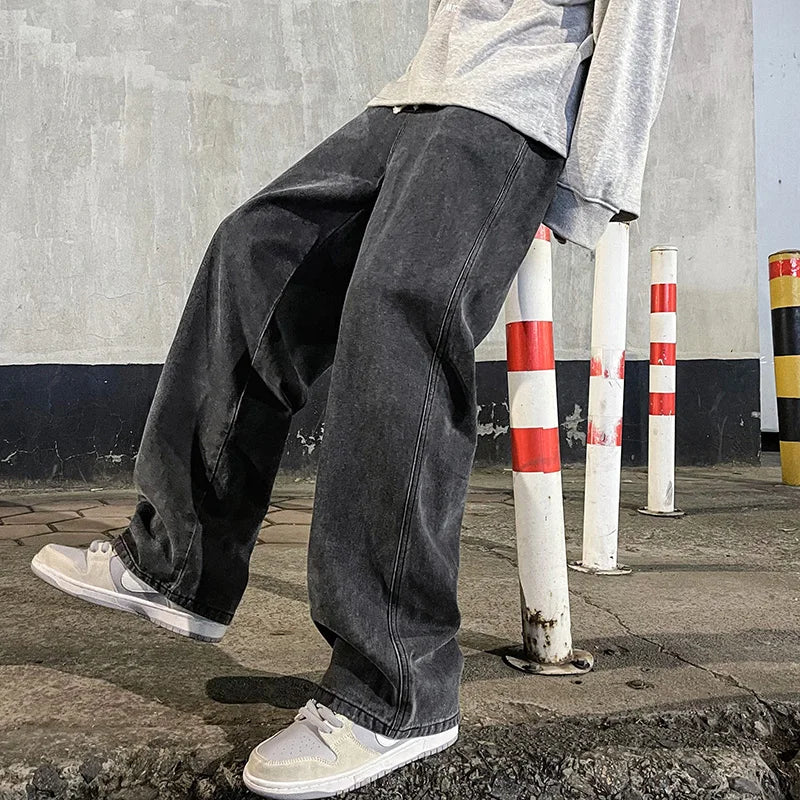 2024 nieuwe streetwear losse jeans heren koreaanse stijl mode losse rechte wijde pijpen broek heren merkkleding zwart lichtblauw