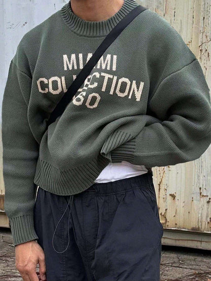 Nieuwe heren Amerikaanse Street Style Engelse grafische gebreide trui, ronde hals casual losse pasvorm pullover top, lente/herfst/winter