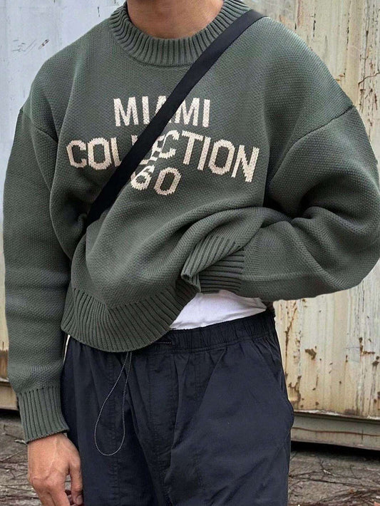 Nieuwe heren Amerikaanse Street Style Engelse grafische gebreide trui, ronde hals casual losse pasvorm pullover top, lente/herfst/winter