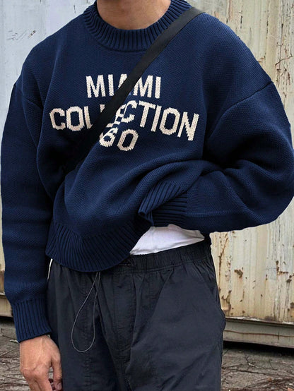 Nieuwe heren Amerikaanse Street Style Engelse grafische gebreide trui, ronde hals casual losse pasvorm pullover top, lente/herfst/winter