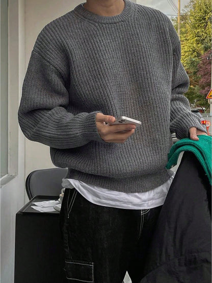 Unisex Loose Fit Beaded Pattern Casual College Style Pullover Sweater met ronde hals, lange mouwen en verlaagde schouders, minimalistisch ontwerp, warm voor herfst/winter