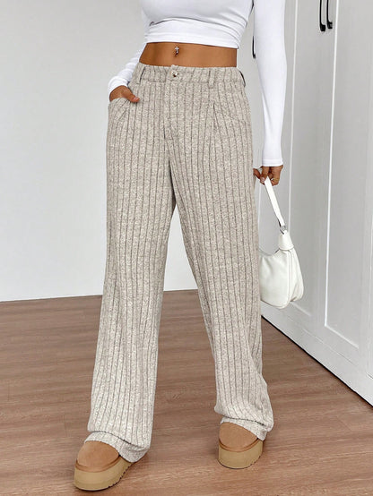 SHEIN Essnce Vrouwen Losse gebreide rechte pijp casual broek, vloer-lengte wijde pijp broek voor herfst/winter