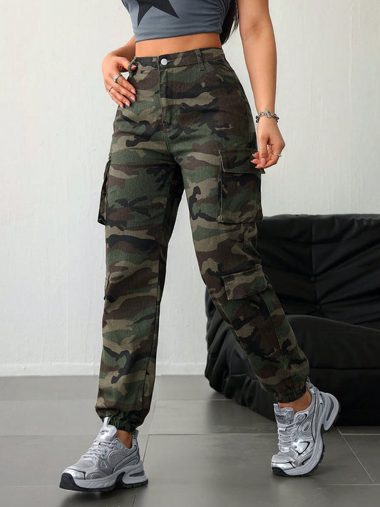 SHEIN Tall Dames katoenen casual getailleerde camouflage cargobroek met trekkoord