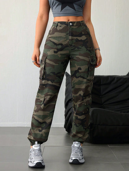 SHEIN Tall Dames katoenen casual getailleerde camouflage cargobroek met trekkoord