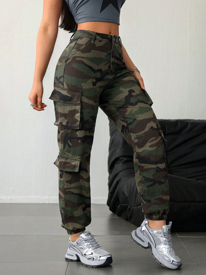 SHEIN Tall Dames katoenen casual getailleerde camouflage cargobroek met trekkoord
