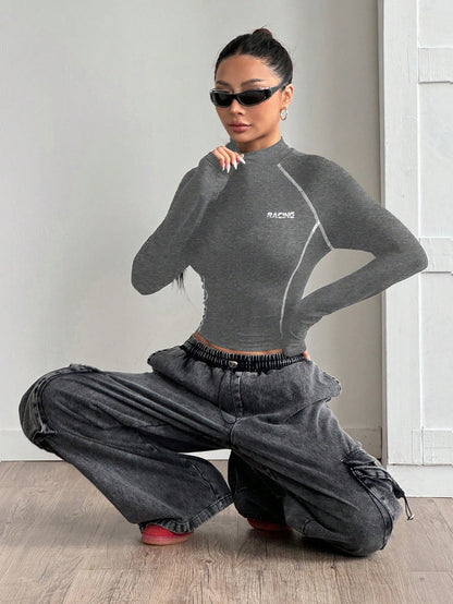 Coolane Dames T-shirt met gestikte raglanmouwen, asymmetrische zoom, slim fit en opstaande kraag