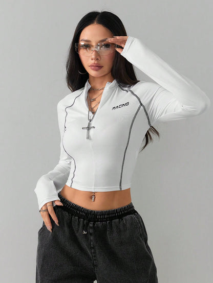 Coolane Dames T-shirt met gestikte raglanmouwen, asymmetrische zoom, slim fit en opstaande kraag