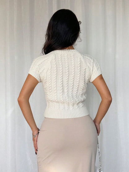 SHEIN Franclia Casual losse ronde hals korte mouwen ruitpatroon gebreide trui top voor dames, havermout kleur, lente & herfst