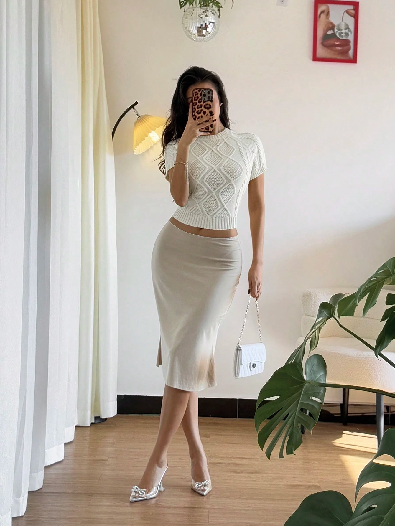 SHEIN Franclia Casual losse ronde hals korte mouwen ruitpatroon gebreide trui top voor dames, havermout kleur, lente & herfst