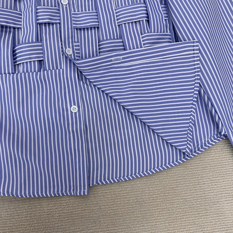 Blue Hollow Out Polo Collar Blouse Loose