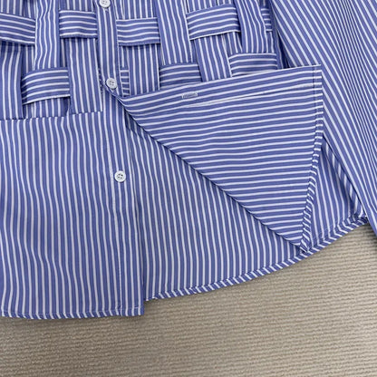 Blue Hollow Out Polo Collar Blouse Loose