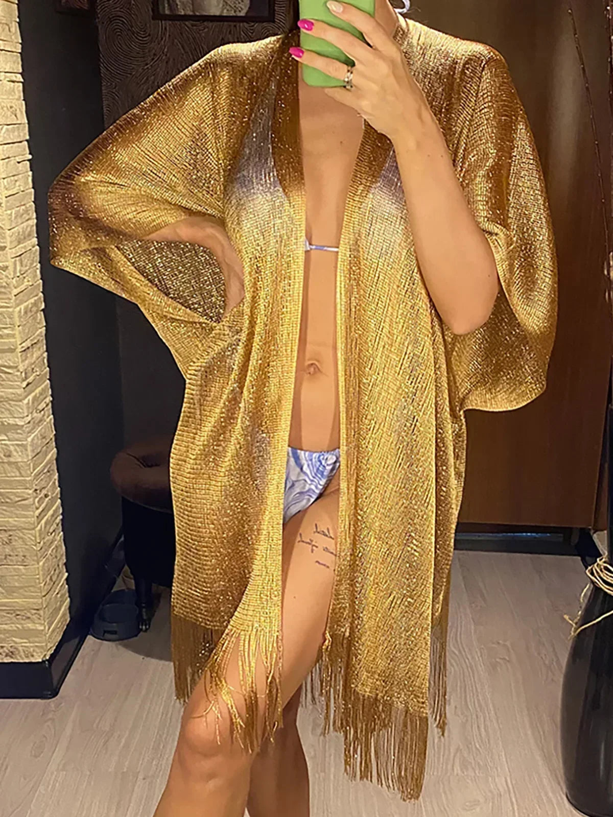 Tassel Gold Bikini Cover Up Sexy Beach Dress
