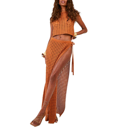 Sleeveless Knit Tank Tops and Split Skirt Set Beachwear
