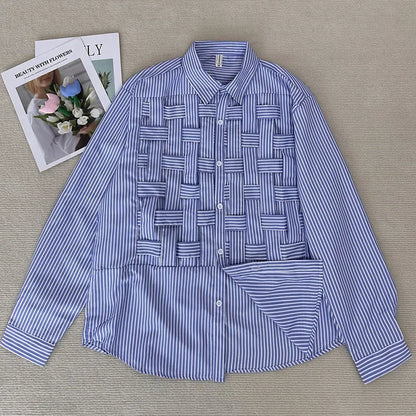 Blue Hollow Out Polo Collar Blouse Loose