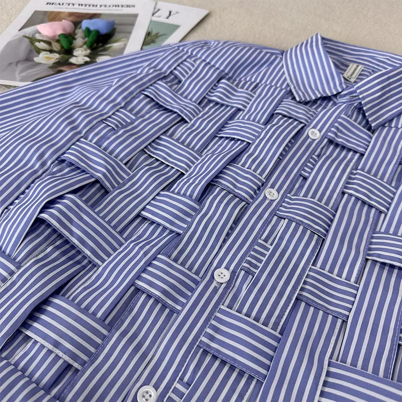 Blue Hollow Out Polo Collar Blouse Loose