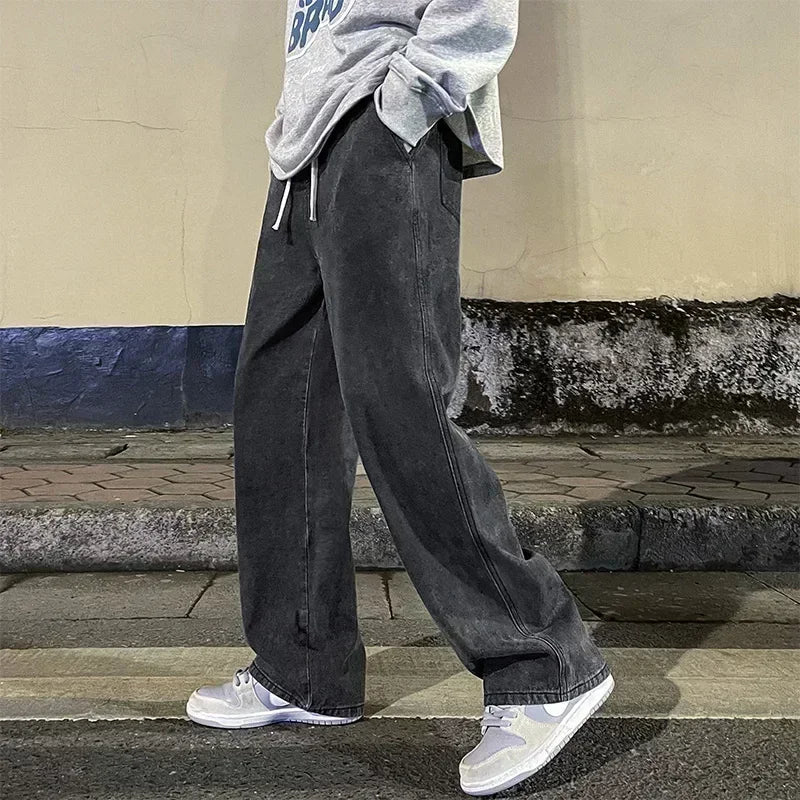 2024 nieuwe streetwear losse jeans heren koreaanse stijl mode losse rechte wijde pijpen broek heren merkkleding zwart lichtblauw