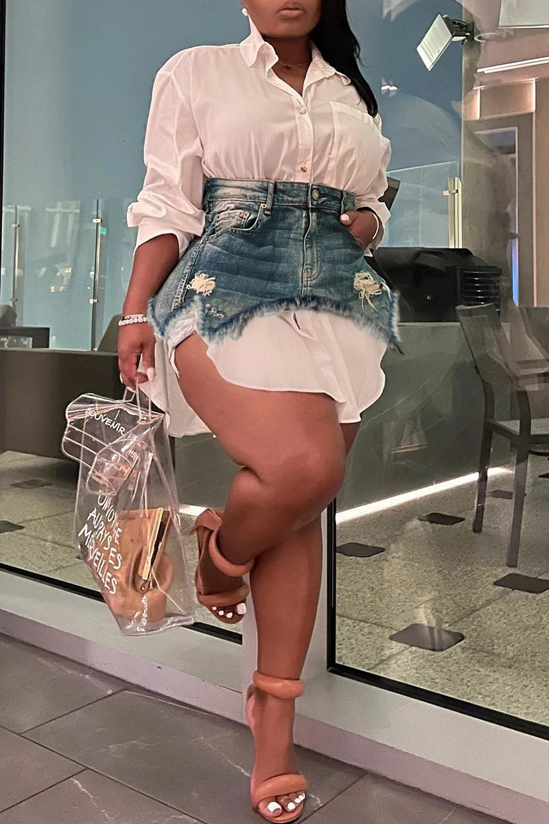 Plus Size Daily White Shirt Collar Long Sleeve