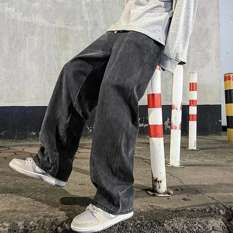 2024 nieuwe streetwear losse jeans heren koreaanse stijl mode losse rechte wijde pijpen broek heren merkkleding zwart lichtblauw