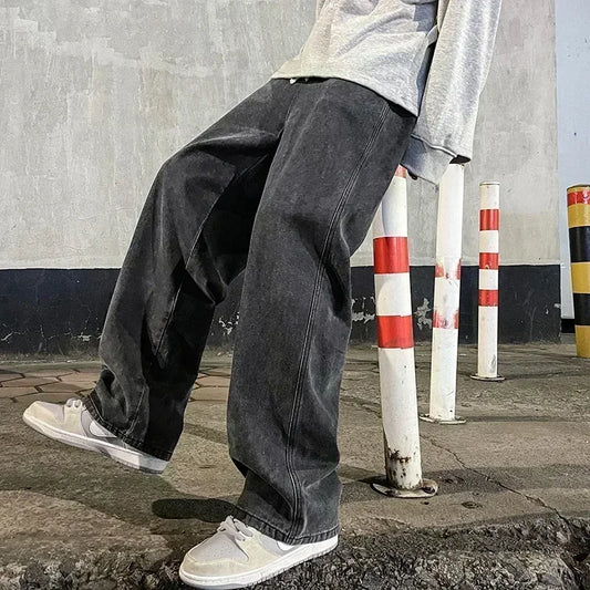 2024 nieuwe streetwear losse jeans heren koreaanse stijl mode losse rechte wijde pijpen broek heren merkkleding zwart lichtblauw