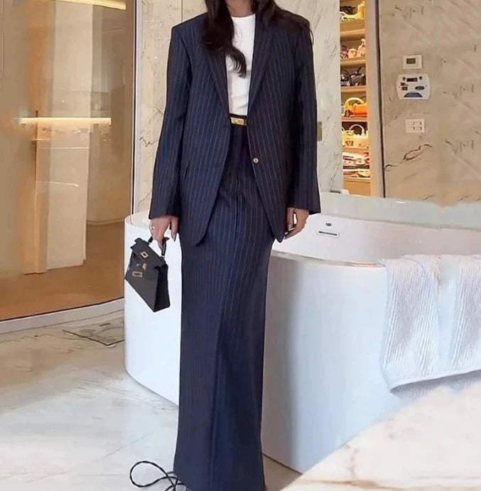 Set Women Outfit Autumn Stripe Notch Collar