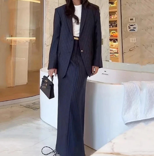 Set Women Outfit Autumn Stripe Notch Collar