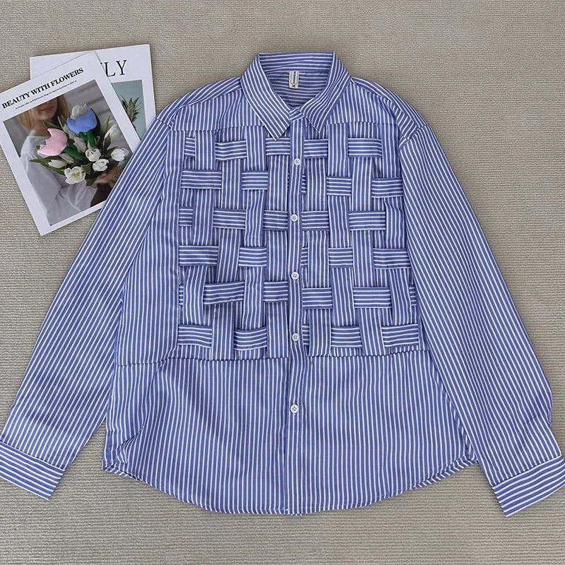 Blue Hollow Out Polo Collar Blouse Loose