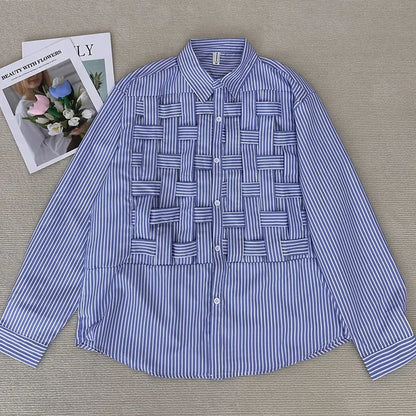 Blue Hollow Out Polo Collar Blouse Loose
