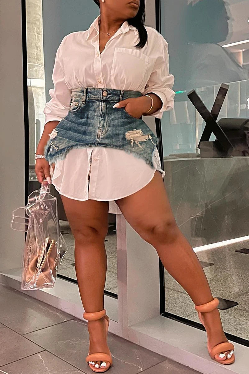 Plus Size Daily White Shirt Collar Long Sleeve