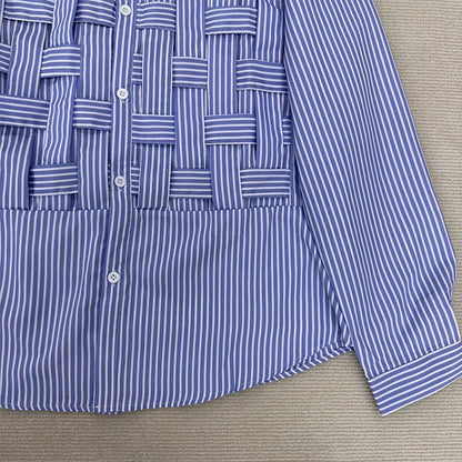 Blue Hollow Out Polo Collar Blouse Loose