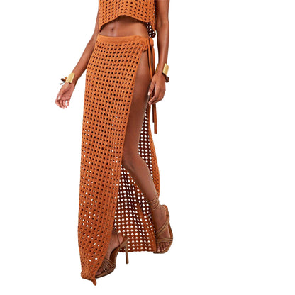 Sleeveless Knit Tank Tops and Split Skirt Set Beachwear