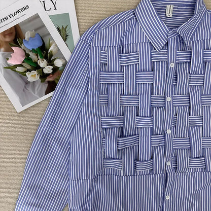 Blue Hollow Out Polo Collar Blouse Loose