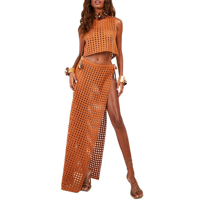 Sleeveless Knit Tank Tops and Split Skirt Set Beachwear