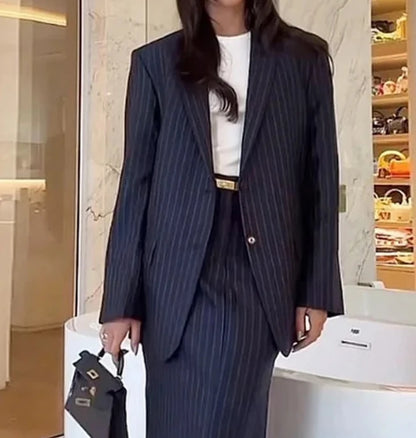 Set Women Outfit Autumn Stripe Notch Collar