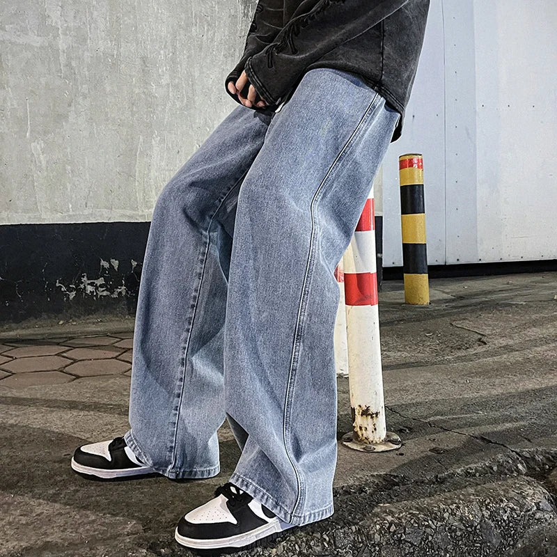 2024 nieuwe streetwear losse jeans heren koreaanse stijl mode losse rechte wijde pijpen broek heren merkkleding zwart lichtblauw